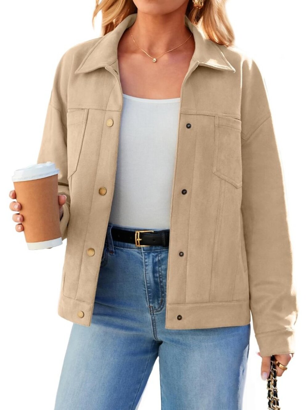 Women's Khaki Long Sleeve Faux Suede Button Down Fall Casual Coats Jacket